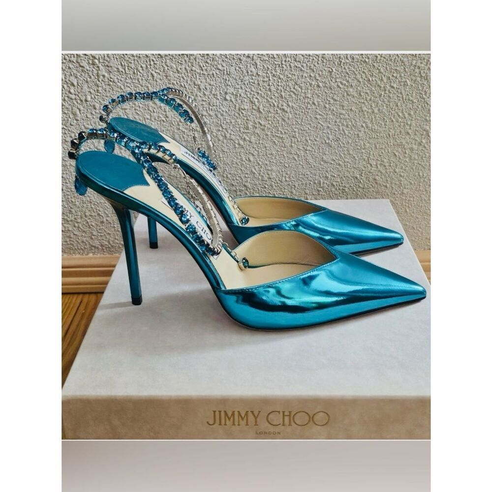 Jimmy Choo Saeda Crystal Ankle Strap Stilettos in Malibu Mix Authentic